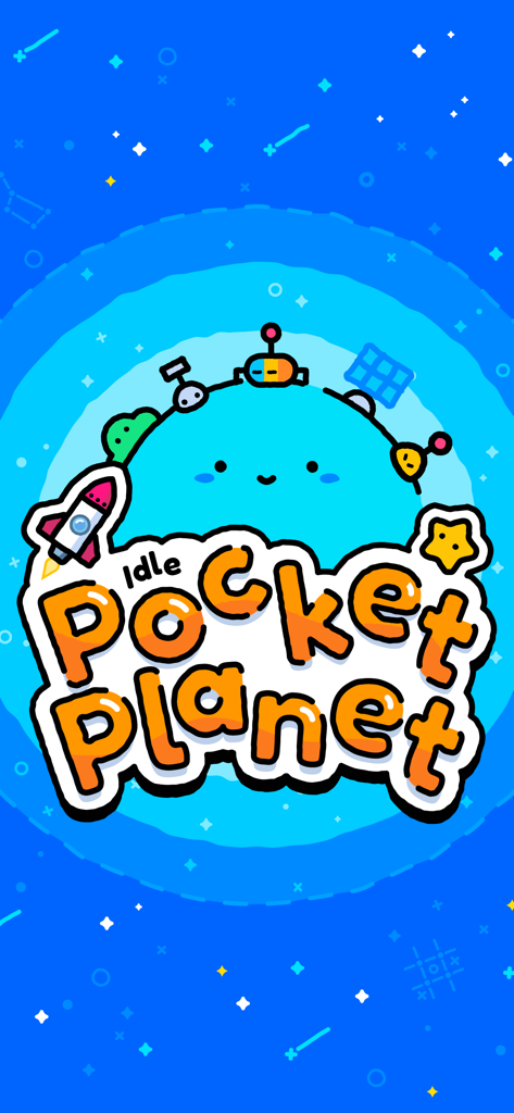 Idle Pocket Planet - Idle Pocket Planet title screen featuring a cute blue smiling planet with technological structures and a rocket in space