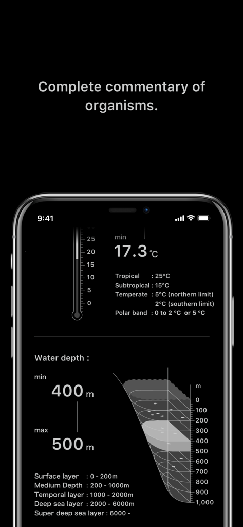 LINNÉ LENS - AI Encyclopedia - 海洋生物の水深や水温を含む詳細な生物学的解説を表示するモバイル画面。