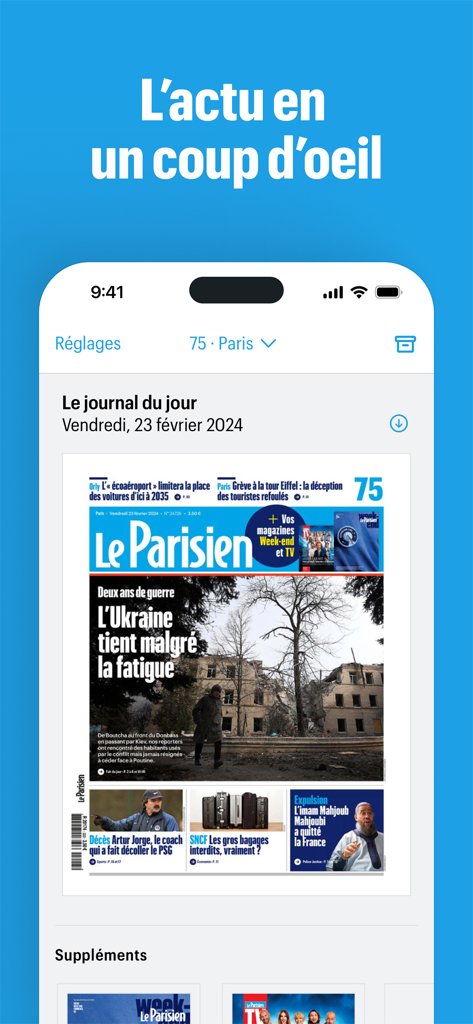 Interface of Le Parisien app showing the daily digital newspaper front page on a smartphone