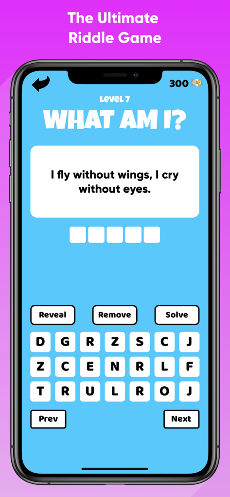 Riddle Me This - Quiz Game - Gameplay screen of Riddle Me This showing a level seven brain teaser with a letter grid to type the answer