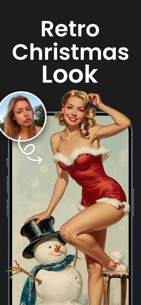 AI Photo Generator: ARTA - AI generated retro Christmas pinup style avatar created from a user photo