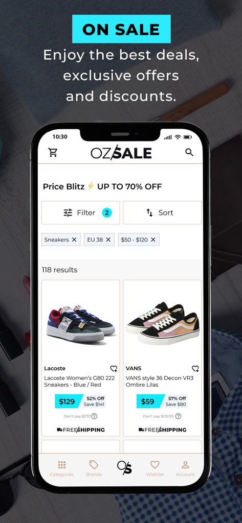 OZSALE - Ozsale mobile app interface showing discounted sneakers with price blitz offers and shopping filters