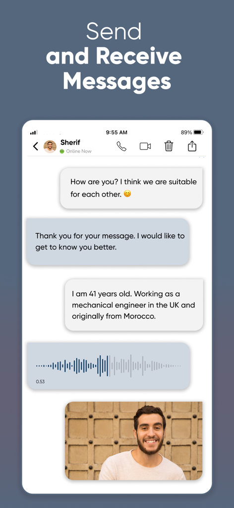 Chat interface of the buzzArab dating app showing text and voice messages between two users.