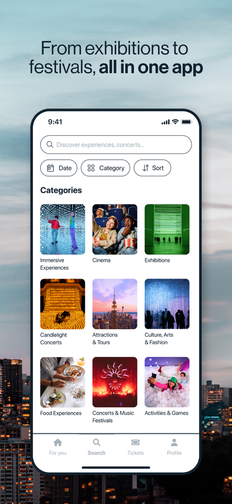 Fever: Events & Tickets - Fever app interface showing different event categories including immersive experiences concerts and exhibitions