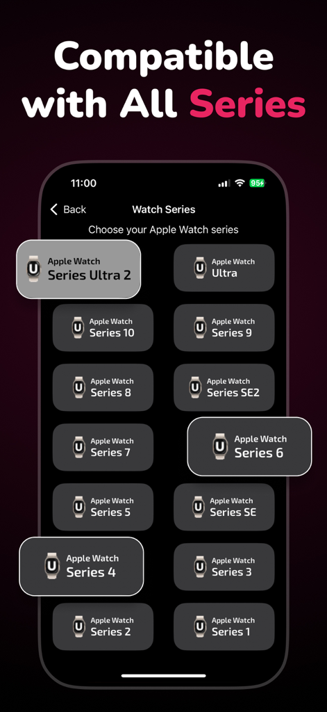 Watch Faces & Wallpapers - App interface showing compatibility with all Apple Watch models from Series 1 to Ultra 2