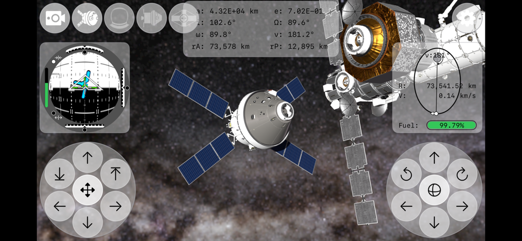 Mission Orion 2 - Interfaz del simulador de vuelo espacial mostrando la nave espacial Orion acoplándose a una estación lunar