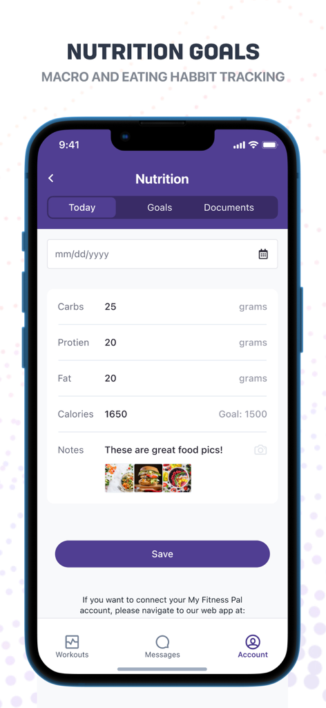 TrueCoach app interface for nutrition goals and macro tracking