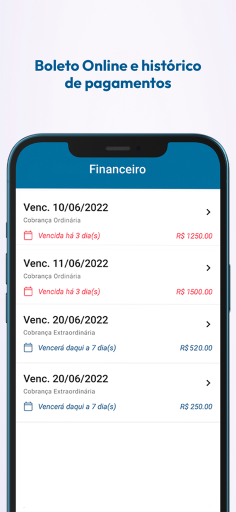 Mobile app interface showing a list of condominium fee payments with due dates and payment statuses.