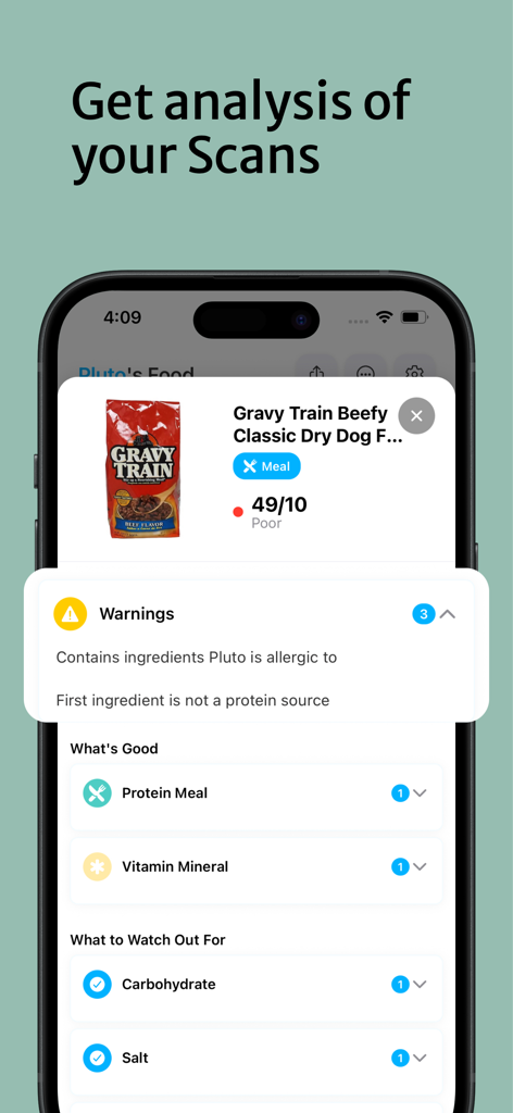 Doggo - Food & Treat Scanner - Écran d'analyse nutritionnelle dans l'application Doggo montrant un score de sécurité alimentaire pour chien et des avertissements sur les ingrédients