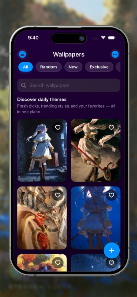 葬送のフリーレン 壁紙HDアプリの画面。高解像度のアニメキャラクターの背景ギャラリーを表示。