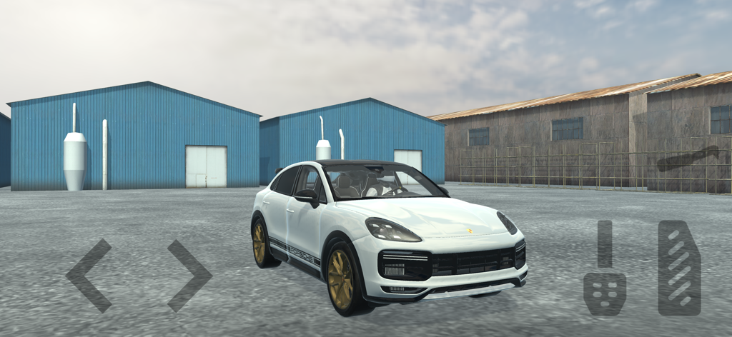 White Porsche SUV parked in an industrial area in the Simulator Real Oper Car game