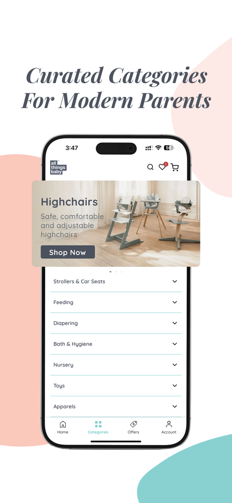 AllThingsBaby app screen showing shopping categories and premium baby highchairs for modern parents