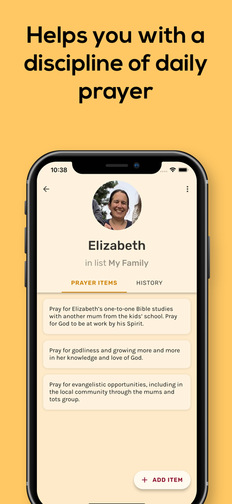 PrayerMate - Christian Prayer - PrayerMate app interface showing a list of prayer items for a family member named Elizabeth.