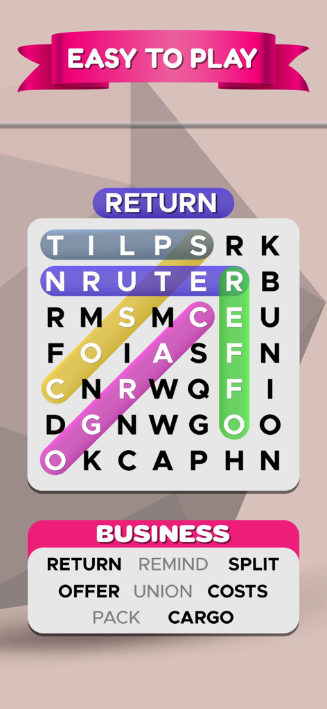 Word Search Games: Wordscapes - Uma tela de jogo de caça-palavras com uma grade de letras e palavras destacadas sob um tema de categoria de negócios