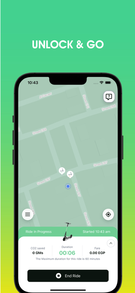 Rabbit Mobility - Rabbit Mobility interface displaying a scooter ride in progress on a city map