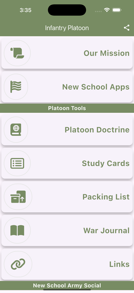 Main menu of the Infantry Platoon app showing tactical tools like doctrine study cards and packing lists