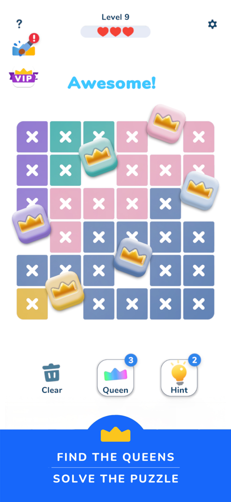 Queens Master: Sudoku Puzzle - 컬러 그리드에 왕관 아이콘과 X 표시가 있는 Queens Master의 해결된 논리 퍼즐