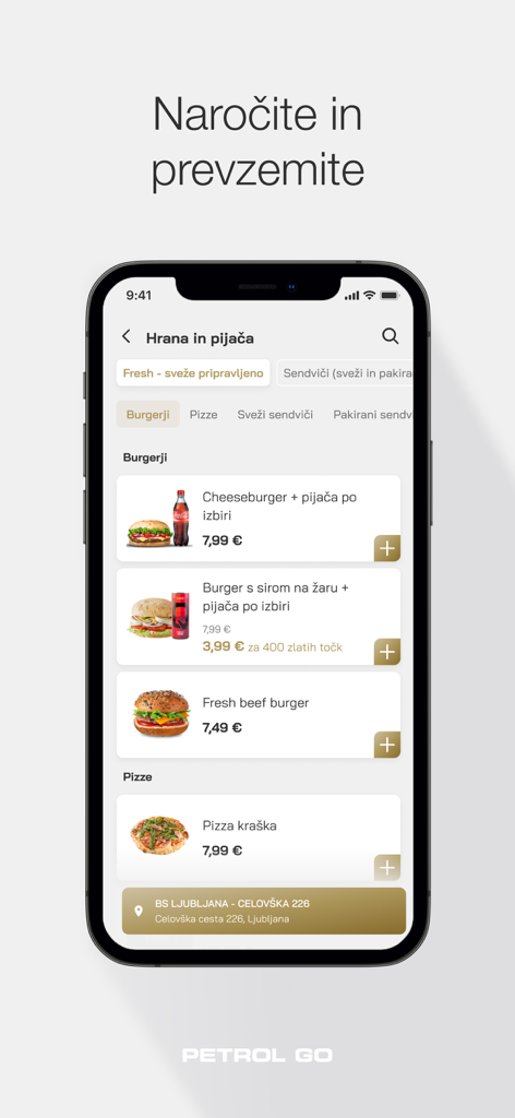 Petrol GO - Interfaz de la aplicación móvil Petrol GO mostrando un menú para pedir y recoger comida, incluyendo hamburguesas y pizza