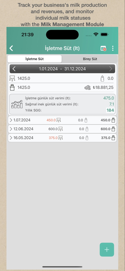 CowMaster- Herd Management App - CowMaster-App-Milchmanagementmodul-Bildschirm mit Milchproduktionsstatistiken und Umsatzdaten.