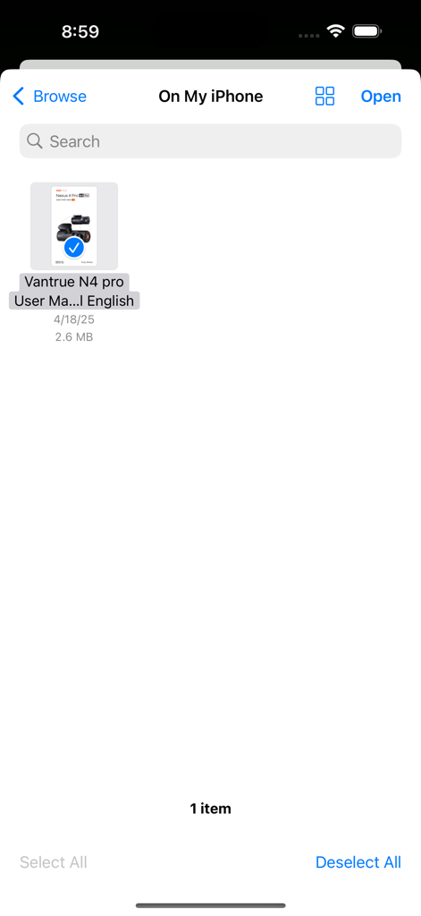OpenAssistant - Interface showing the selection of a PDF user manual on an iPhone for document analysis
