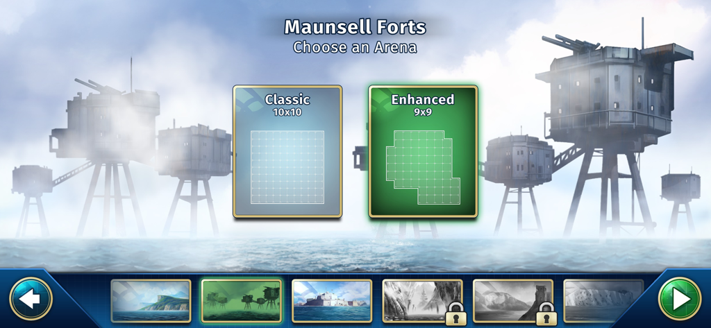Selection screen in BATTLESHIP mobile game showing Classic and Enhanced grid options for the Maunsell Forts arena