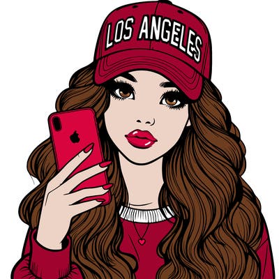 realistic beautiful girl wearing los ángeles cap holding an iphone