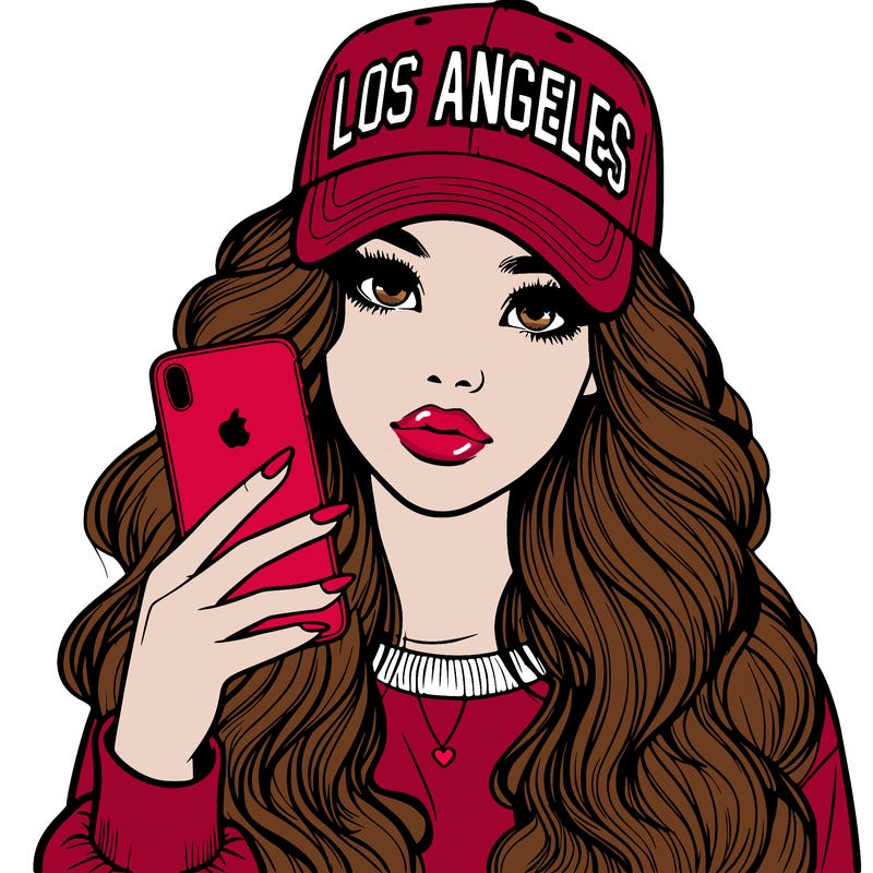 realistic beautiful girl wearing los ángeles cap holding an iphone