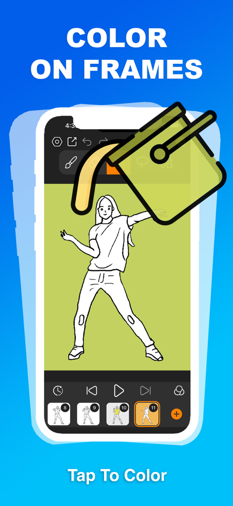 DrawToon - 2D Animation - 踊る女の子の Сartoon frame を色付けするペイントバケットツールを示すDrawToonアプリのインターフェイス