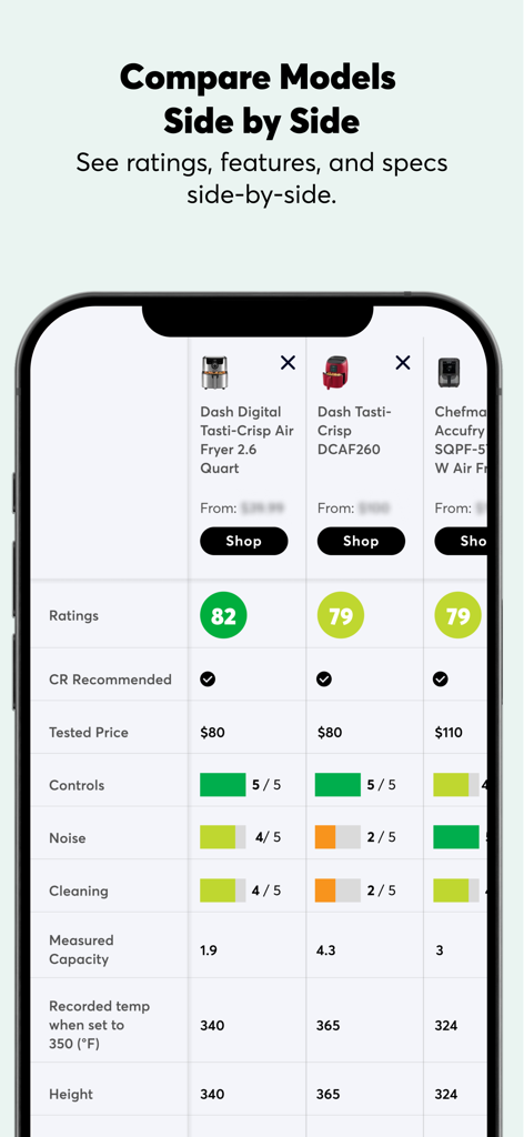 A comparison table in the Consumer Reports app showing side-by-side ratings and specs for different air fryer models