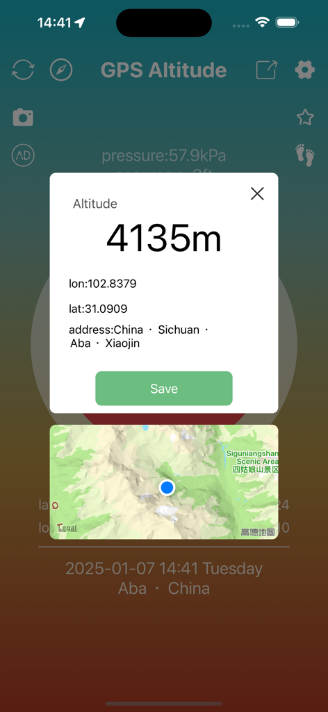 GPS Altitude&Height tracker - GPS Altitude app interface showing 4135 meters altitude with latitude longitude coordinates and a map location