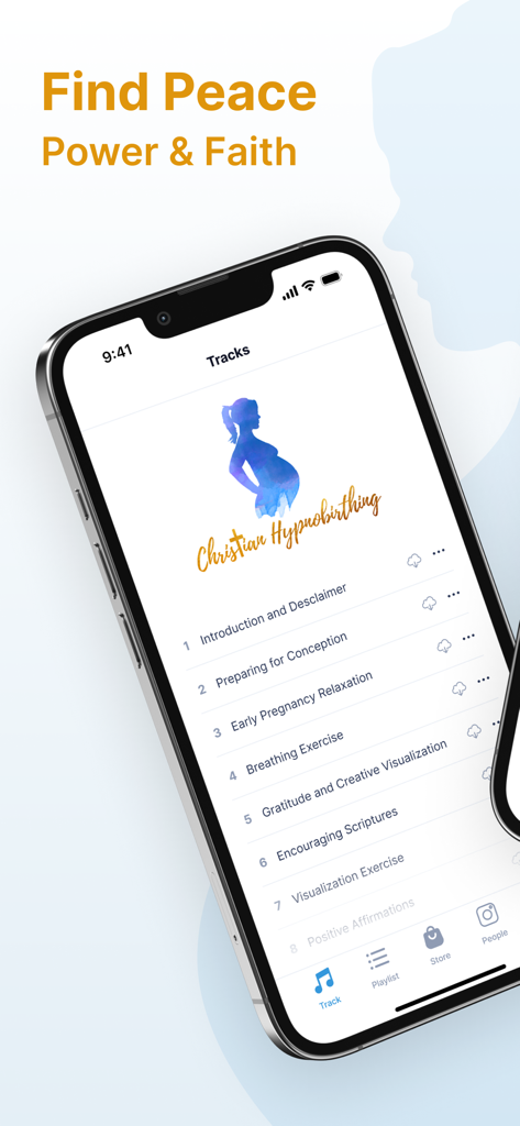 Christian Hypnobirthing app interface showing a list of meditation and scripture tracks for pregnancy.