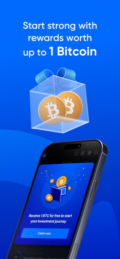 ONUS: Buy Bitcoin,ETH & Crypto - 최대 1 비트코인 보상을 제공하는 ONUS 앱 프로모션 화면, 지금 청구 버튼 포함