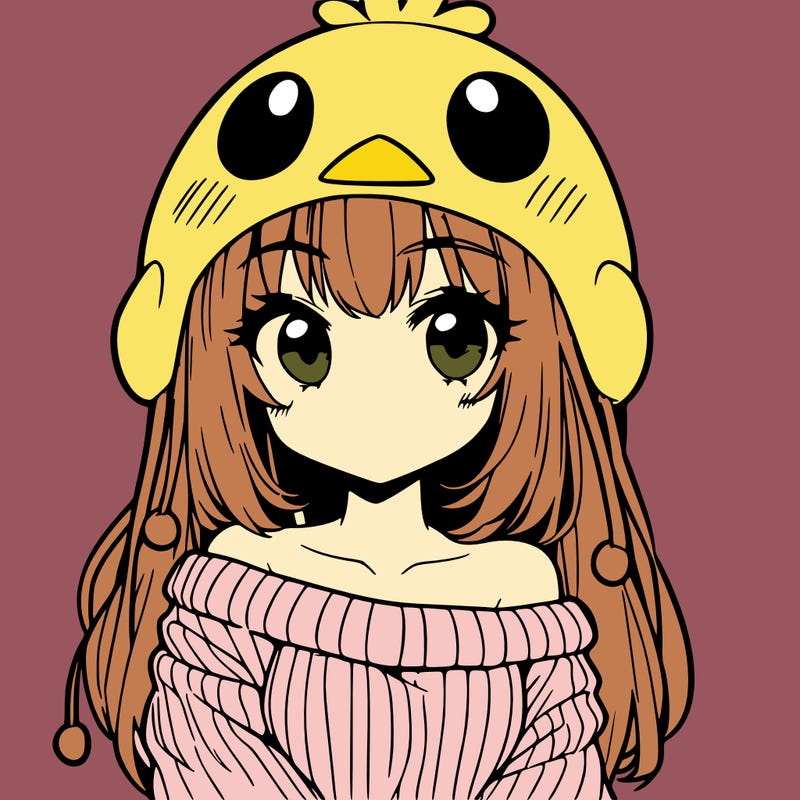 anime girl with chick shaped hat with sweater with bare shoulders with bangs covering them one eye with low tail