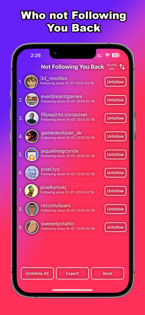 My Followers-Unfollowers Track - 相互フォローしていないInstagramアカウントのリストを表示する画面。各アカウントまたはすべてをフォロー解除するオプションがあります。