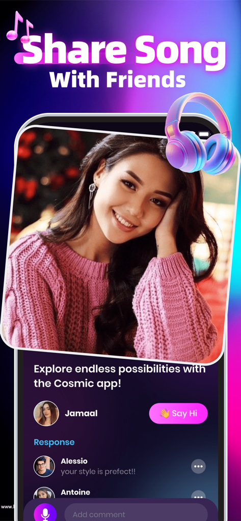 Covit：Adult Chat Together, Fun - User profile screen on the Covit app featuring song sharing and social interaction options