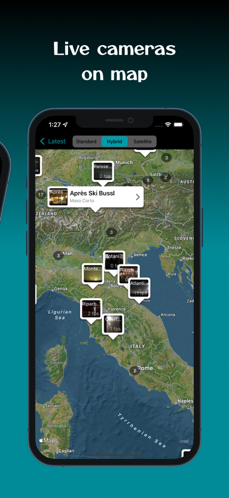 A map view of Italy showing live camera locations in the Planet Cam app interface