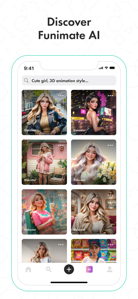Interface of Funimate AI showing a grid of AI generated portraits of girls in various artistic styles