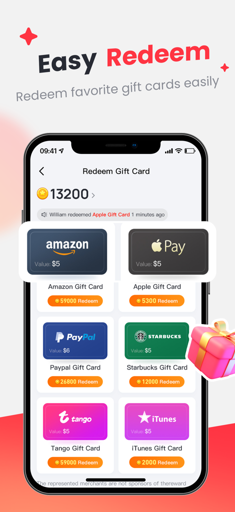 Pantalla de la aplicación StepFit que muestra varias tarjetas de regalo como Amazon, PayPal y Starbucks disponibles para canjear con los puntos ganados.