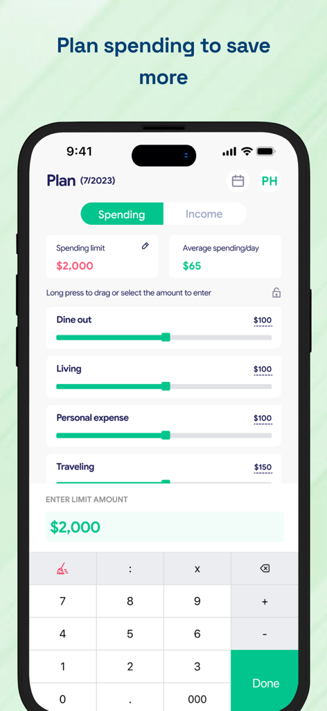 Budget Planner & Tracker: HeDa - Interface of HeDa Budget Planner app for setting monthly spending limits on categories like dining and travel.