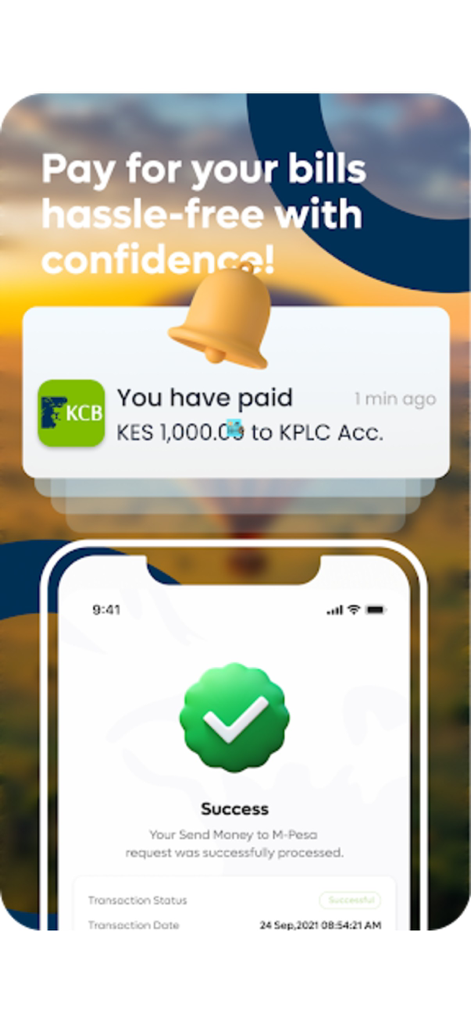 KCB Mobile TZ - Screenshot of KCB Mobile TZ app showing a successful bill payment and M-Pesa transfer notification.