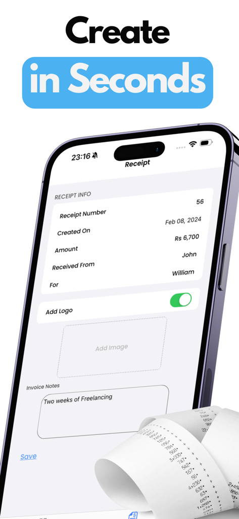 Make Receipt - Sign, Print PDF - Make Receipt app interface showing digital receipt creation fields on an iPhone