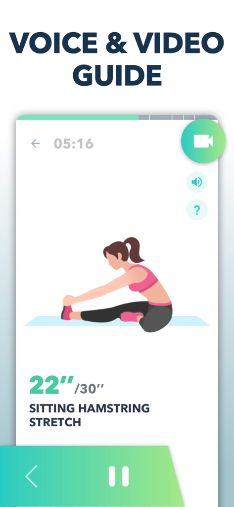 Stretching at Home, Mobility - 타이머와 음성 가이드가 있는 앉아서 햄스트링 스트레칭을 하는 여성의 모습을 보여주는 모바일 앱 인터페이스