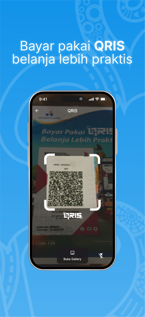 DG by Bankaltimtara - Interface of the DG by Bankaltimtara app showing a smartphone scanning a QRIS code for digital payments.