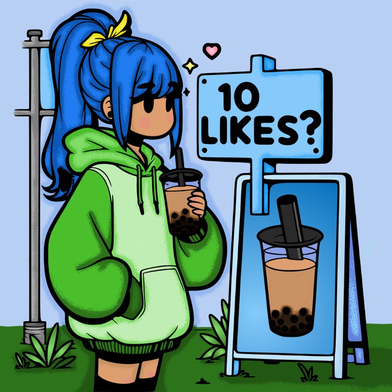 girl with oversized hoodie drinking boba and she has a high ponytail with a sign that says 10likes?