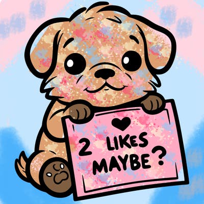 a puppy holding a sign that says 2 likes maybe?