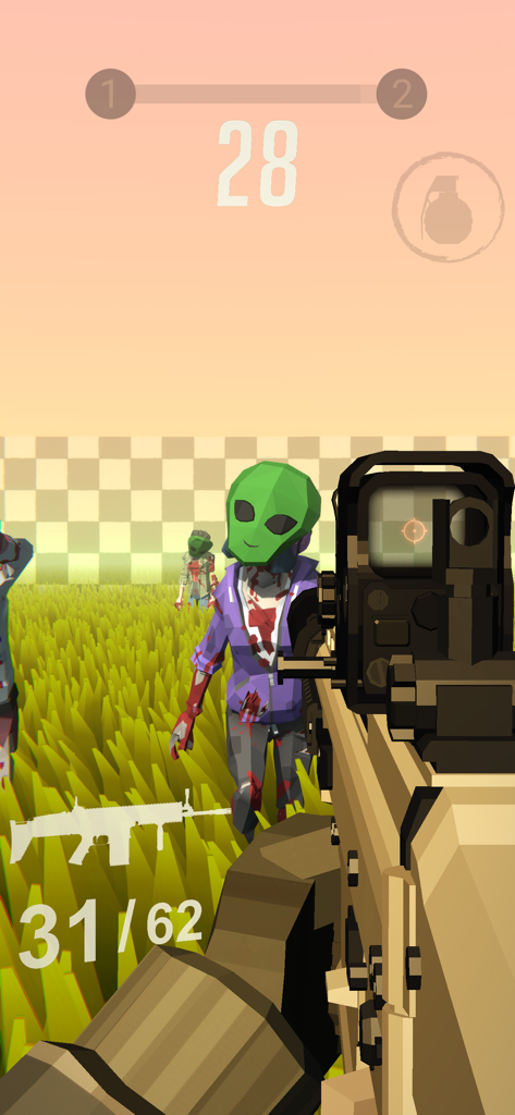 Zombie Royale - Jogabilidade de tiro em primeira pessoa de Zombie Royale mostrando um rifle de assalto apontado para um zumbi com uma máscara verde