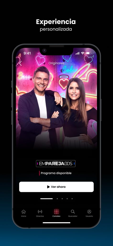 Interfaz de la aplicación móvil atresplayer que muestra una recomendación personalizada de programas de TV para Emparejados.