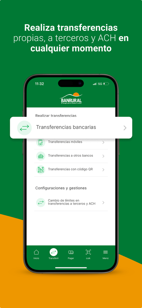 BANRURAL - Interfaz de la app móvil de Banrural mostrando diferentes opciones de transferencia bancaria en español.