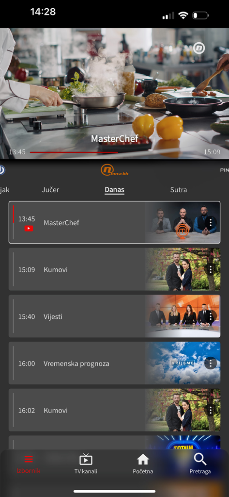 Interfaz de la aplicación HOME.TV TO GO mostrando un programa de cocina y una lista de programas de TV programados
