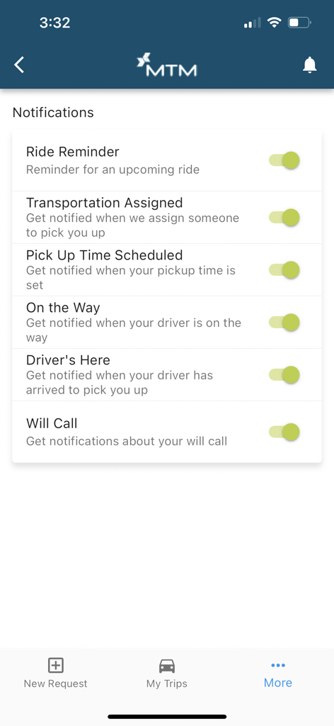 MTM Link Member - MTM Link Member app notification settings screen showing toggles for ride reminders and driver status alerts